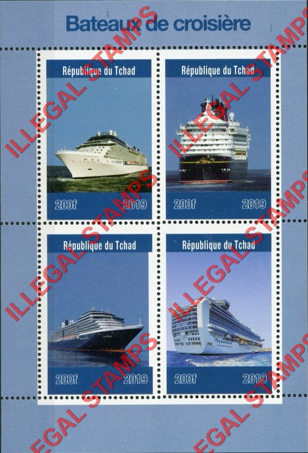 Chad 2019 Cruise Ships Illegal Stamps in Souvenir Sheet of 4