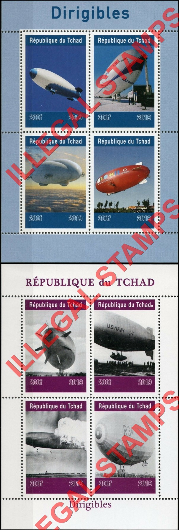 Chad 2019 Dirigibles Zeppelins Illegal Stamps in Souvenir Sheets of 4
