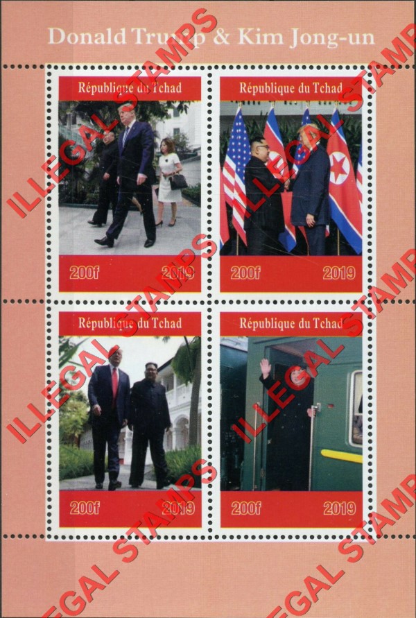 Chad 2019 Donald Trump and Kim Jong-un Illegal Stamps in Souvenir Sheet of 4