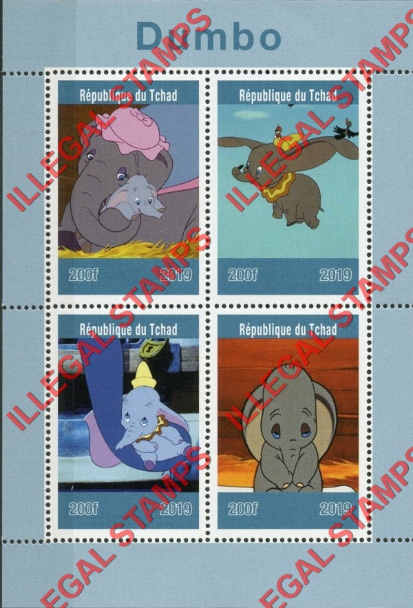 Chad 2019 Dumbo Illegal Stamps in Souvenir Sheet of 4