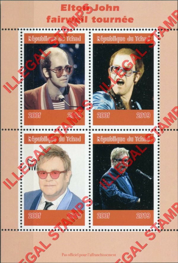 Chad 2019 Elton John Farewell Tour Illegal Stamps in Souvenir Sheet of 4