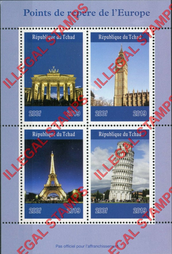 Chad 2019 European Landmarks Illegal Stamps in Souvenir Sheet of 4
