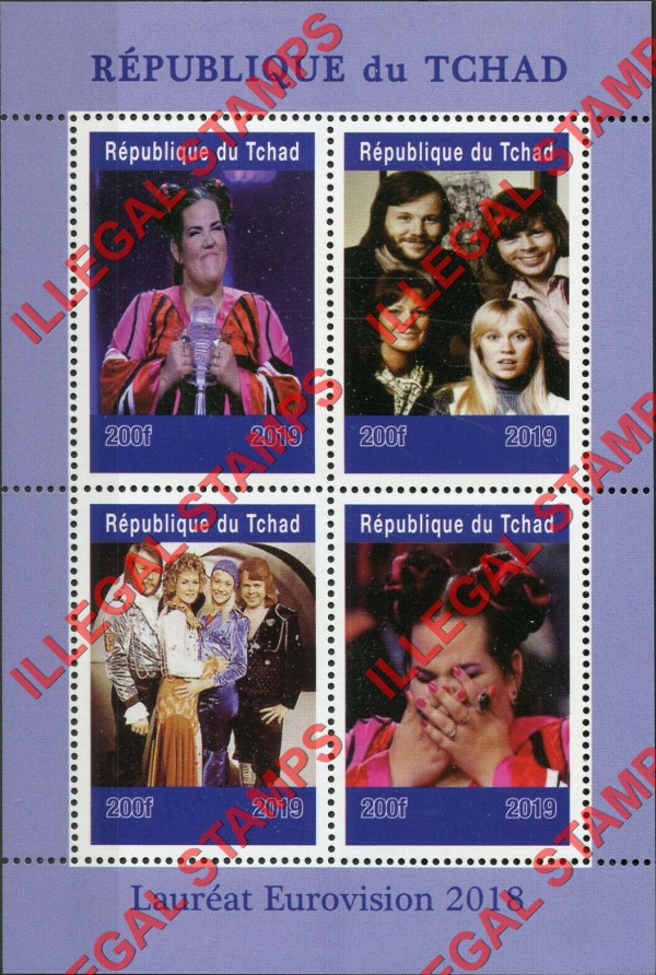 Chad 2019 Eurovision Music Winners Illegal Stamps in Souvenir Sheet of 4