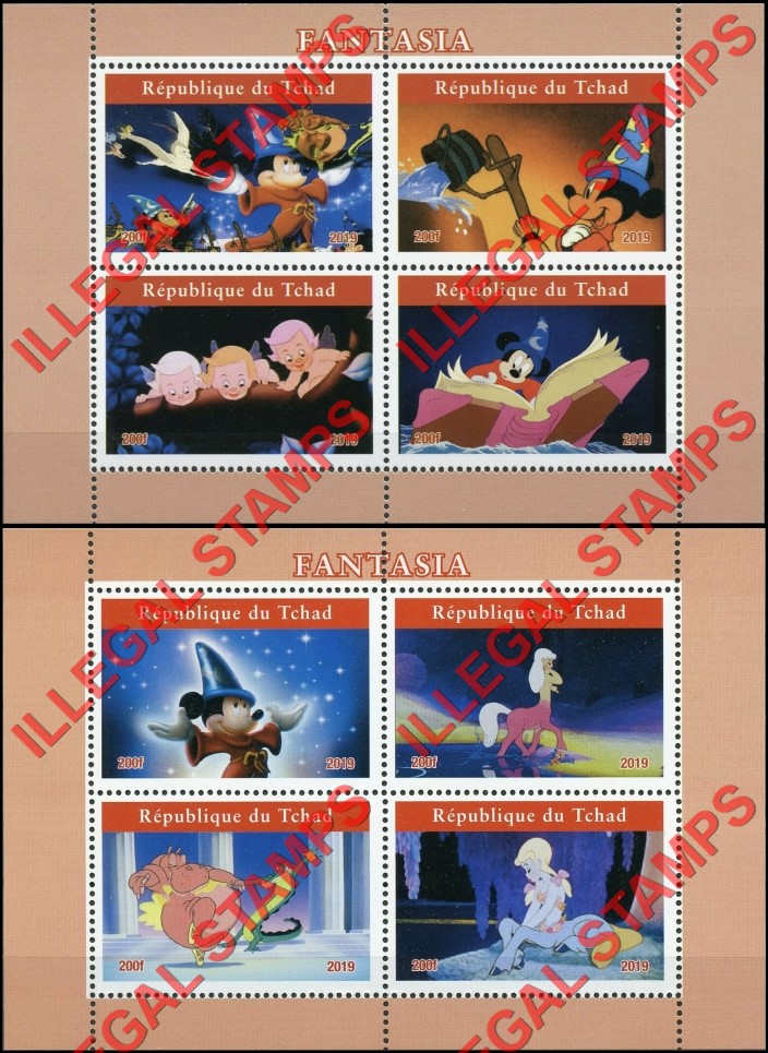 Chad 2019 Fantasia Illegal Stamps in Souvenir Sheets of 4