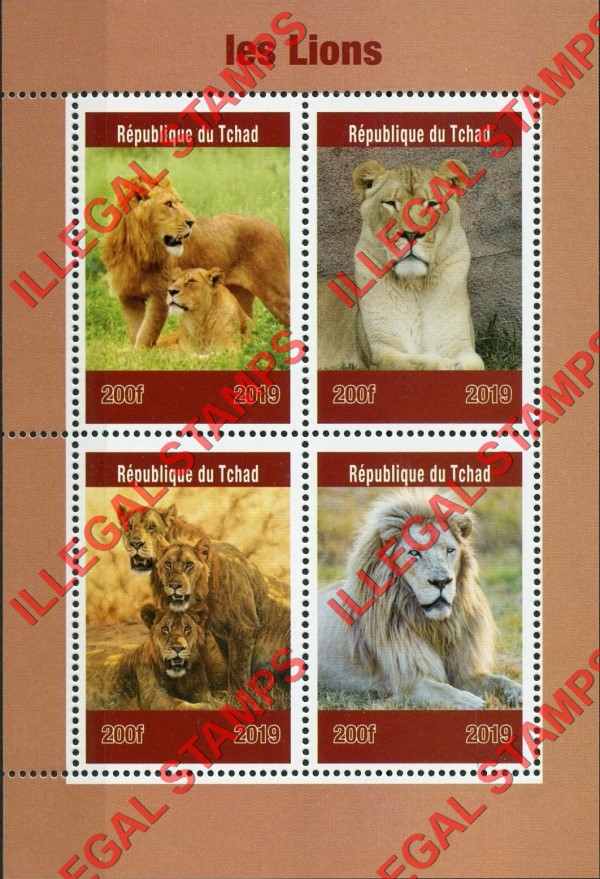 Chad 2019 Lions Illegal Stamps in Souvenir Sheet of 4