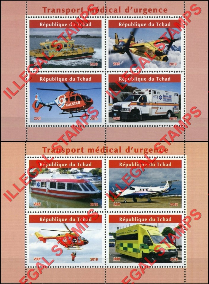 Chad 2019 Medical Emergency Transport Illegal Stamps in Souvenir Sheets of 4