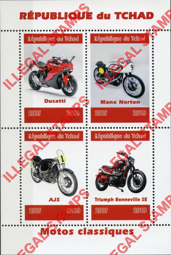 Chad 2019 Motorcycles Illegal Stamps in Souvenir Sheet of 4