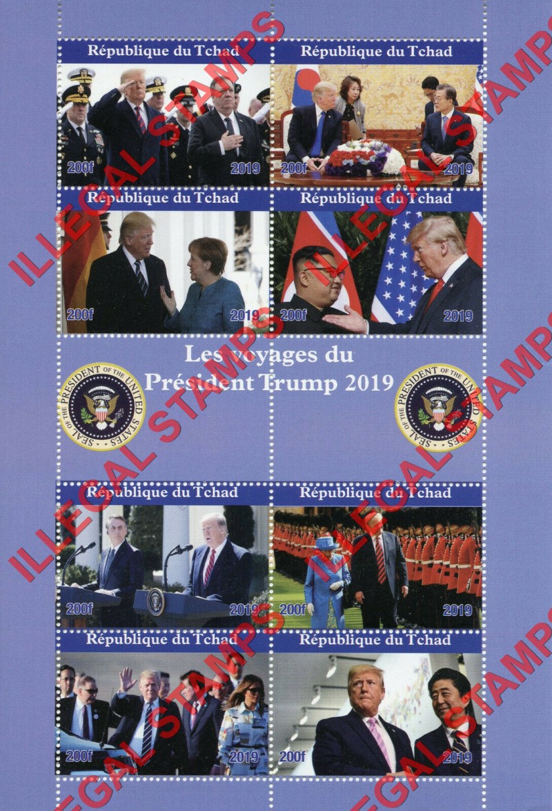 Chad 2019 President Trumps Travels Illegal Stamps in Souvenir Sheet of 8