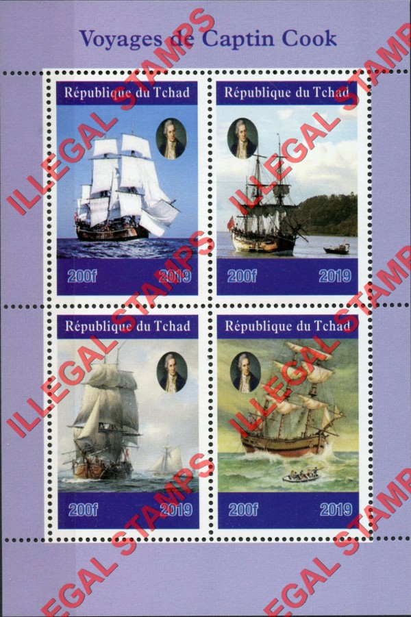 Chad 2019 Ships of Captain James Cook Illegal Stamps in Souvenir Sheet of 4