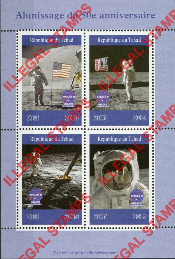 Chad 2019 Space Moon Landing Apollo 11 Illegal Stamps in Souvenir Sheet of 4