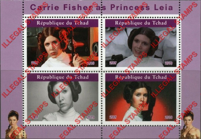 Chad 2019 Star Wars Carrie Fischer as Princess Leia Illegal Stamps in Souvenir Sheet of 4