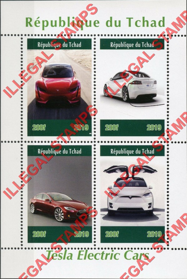 Chad 2019 Tesla Electric Cars Illegal Stamps in Souvenir Sheet of 4