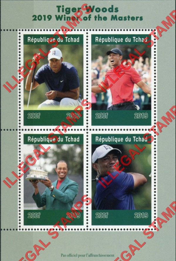 Chad 2019 Tiger Woods Golf Champion Illegal Stamps in Souvenir Sheet of 4