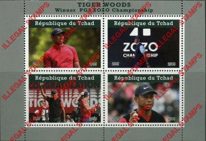 Chad 2019 Tiger Woods PGS Golf Champion Illegal Stamps in Souvenir Sheet of 4