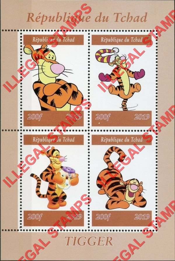 Chad 2019 Tigger Illegal Stamps in Souvenir Sheet of 4