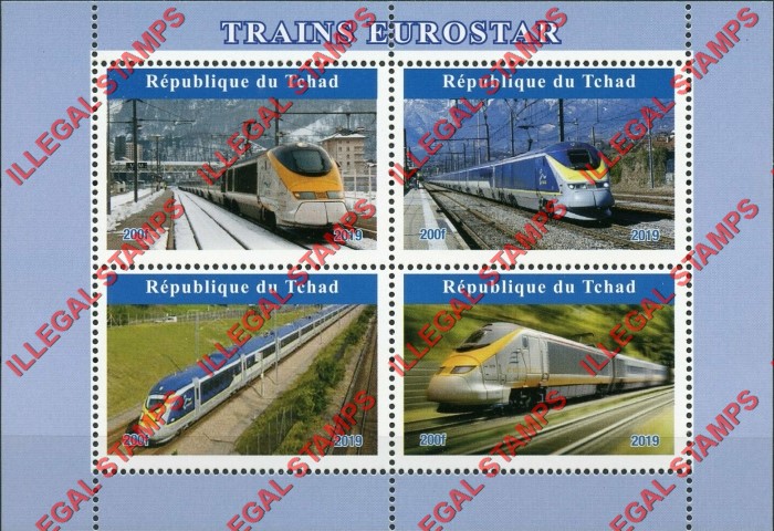 Chad 2019 Trains Eurostar Illegal Stamps in Souvenir Sheet of 4