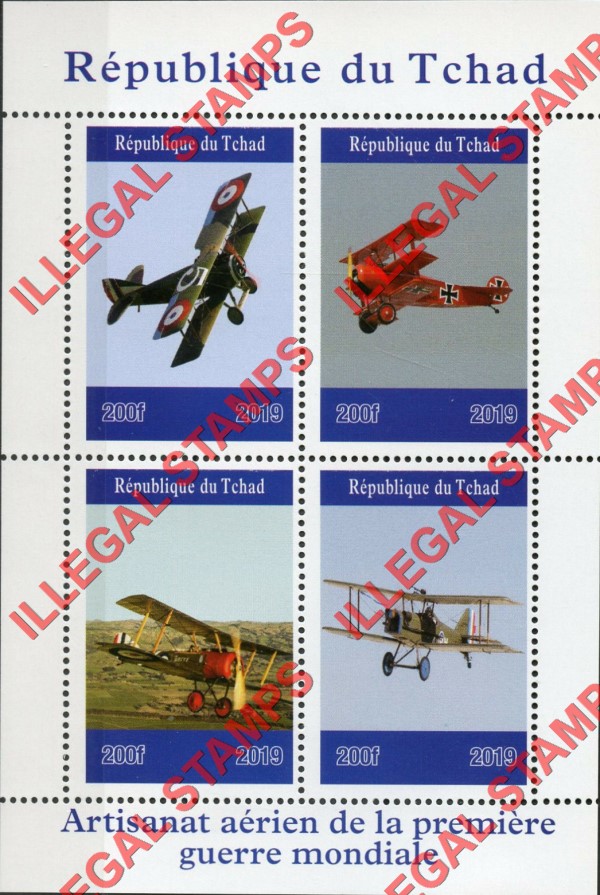 Chad 2019 World War I Aircraft Illegal Stamps in Souvenir Sheet of 4