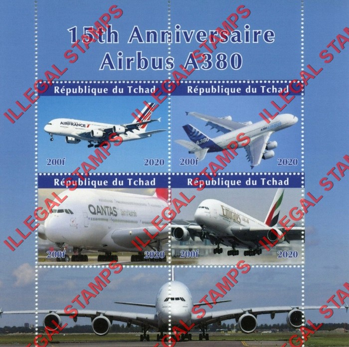 Chad 2020 Airbus A380 Illegal Stamps in Souvenir Sheet of 4
