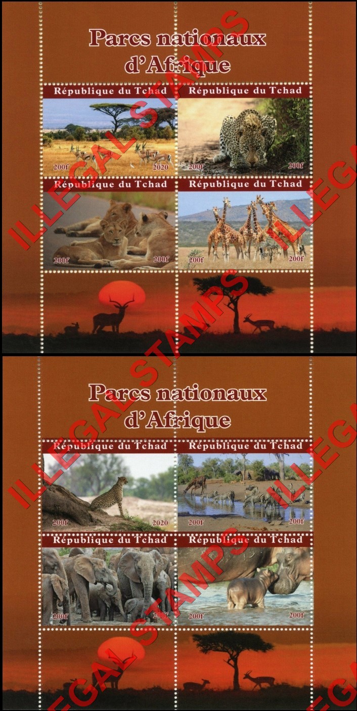 Chad 2020 Animals National Parks in Africa Illegal Stamps in Souvenir Sheets of 4