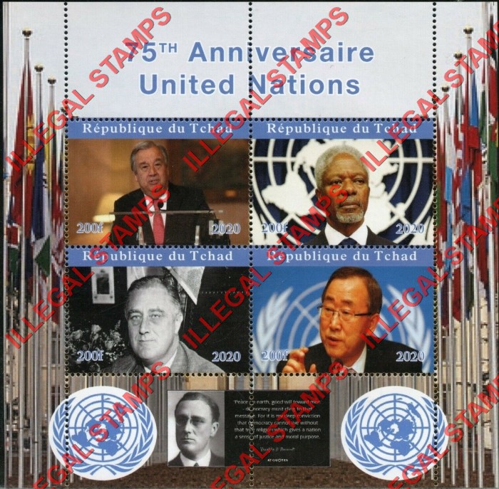 Chad 2020 75th Anniversary of the United Nations Illegal Stamps in Souvenir Sheet of 4