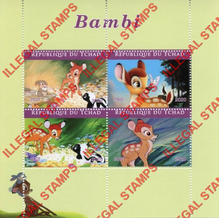 Chad 2020 Bambi Illegal Stamps in Souvenir Sheet of 4