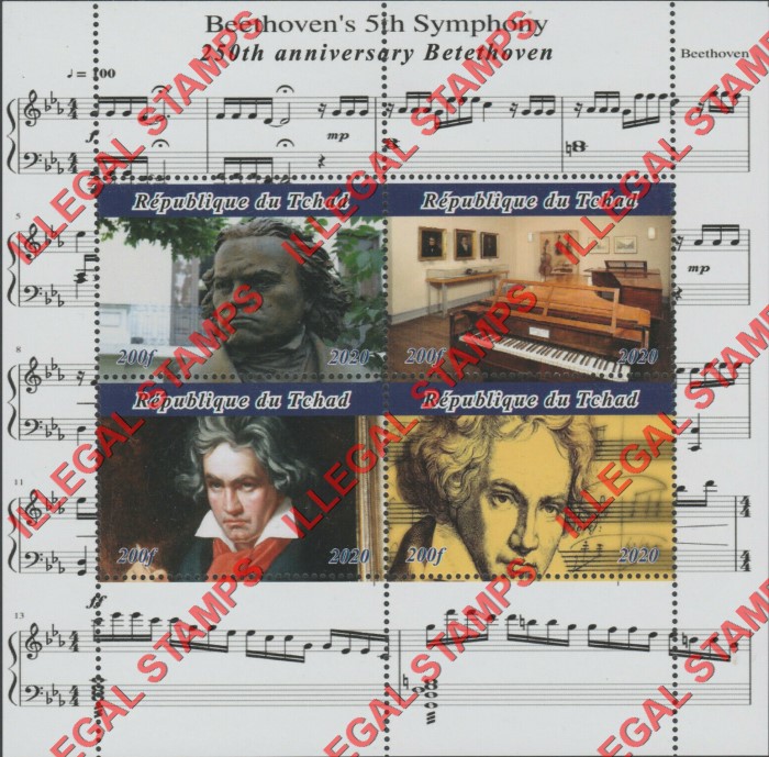Chad 2020 Beethoven 5th Symphony Illegal Stamps in Souvenir Sheet of 4