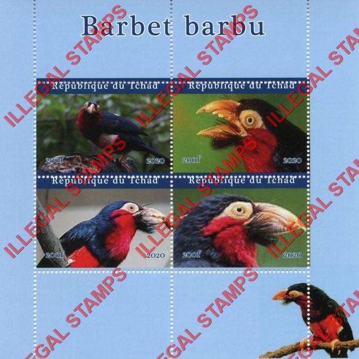 Chad 2020 Birds Barbets Illegal Stamps in Souvenir Sheet of 4