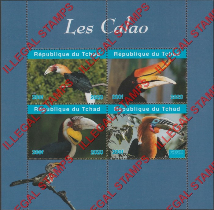 Chad 2020 Birds Hornbills Illegal Stamps in Souvenir Sheet of 4