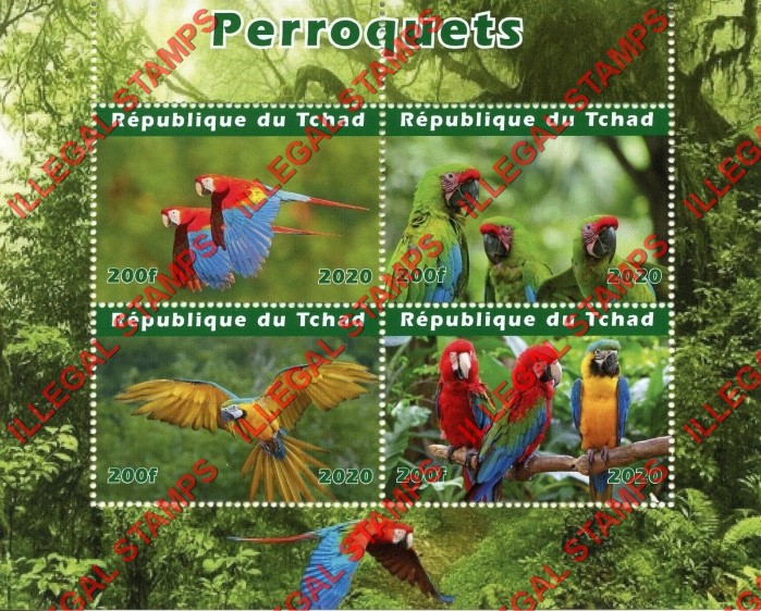 Chad 2020 Birds Parrots Illegal Stamps in Souvenir Sheet of 4