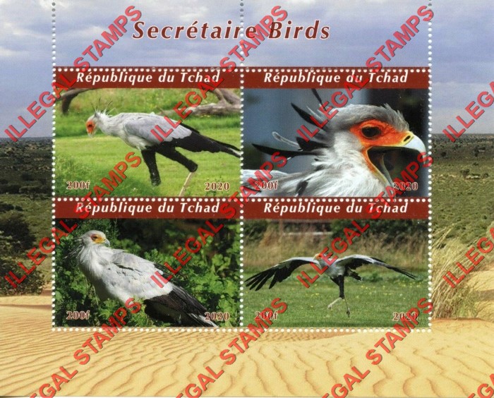 Chad 2020 Birds Secretary Illegal Stamps in Souvenir Sheet of 4