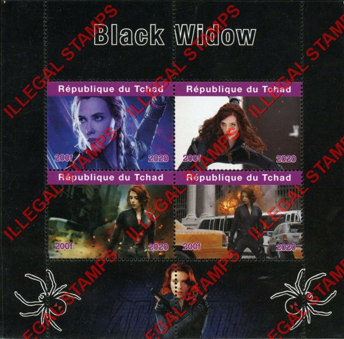 Chad 2020 Black Widow Scarlett Johansson Illegal Stamps in Souvenir Sheet of 4