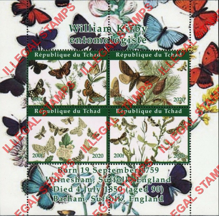 Chad 2020 Butterflies William Kirby Illegal Stamps in Souvenir Sheet of 4