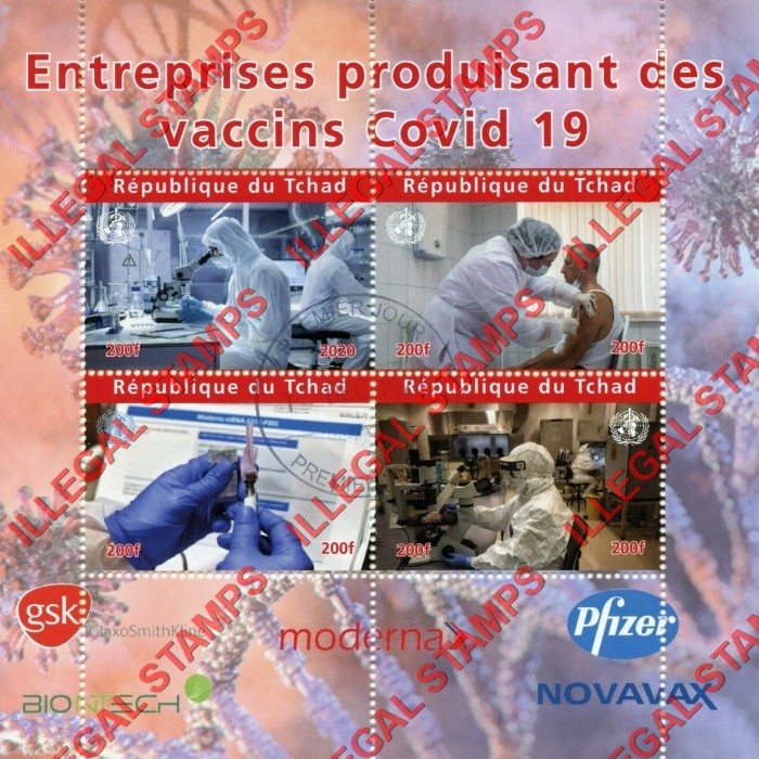 Chad 2020 Covid-19 Vaccine Makers Illegal Stamps in Souvenir Sheet of 4