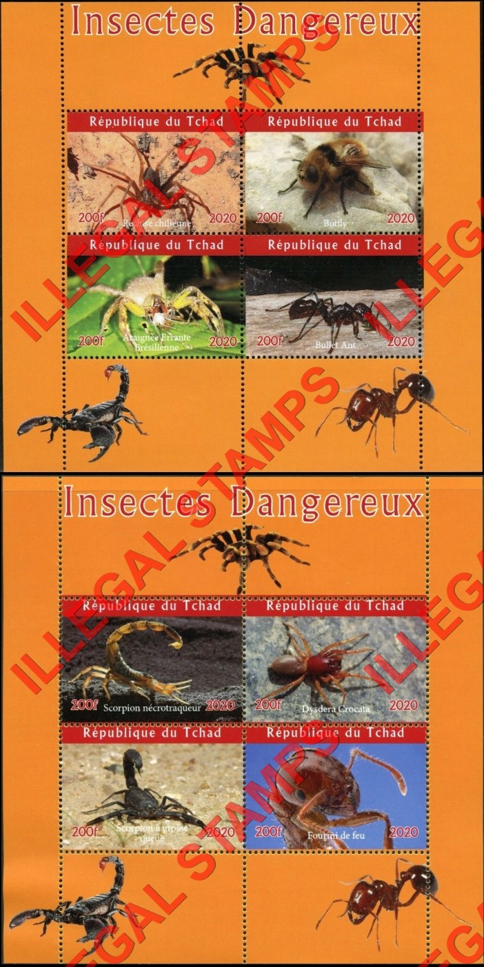 Chad 2020 Dangerous Insects Illegal Stamps in Souvenir Sheets of 4