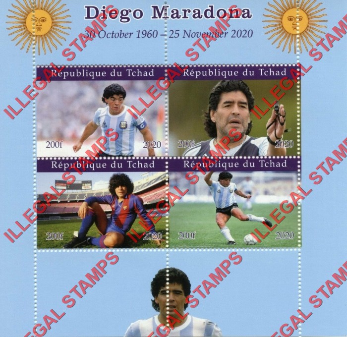 Chad 2020 Diego Maradona Soccer Football Illegal Stamps in Souvenir Sheet of 4