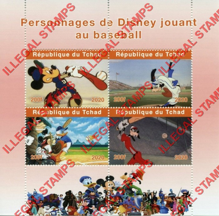 Chad 2020 Disney Mickey Mouse and Goofy Playing Baseball Illegal Stamps in Souvenir Sheet of 4