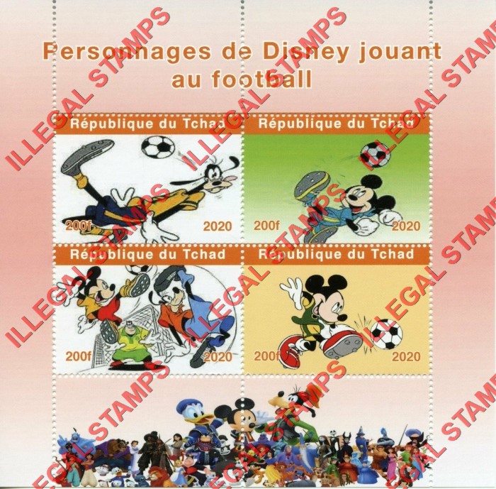 Chad 2020 Disney Mickey Mouse and Goofy Playing Football Illegal Stamps in Souvenir Sheet of 4