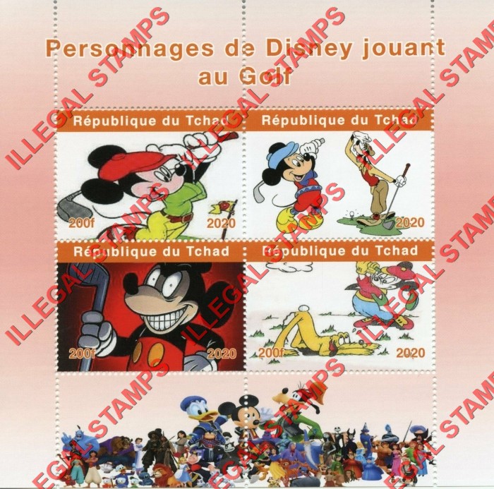 Chad 2020 Disney Mickey Mouse and Goofy Playing Golf Illegal Stamps in Souvenir Sheet of 4
