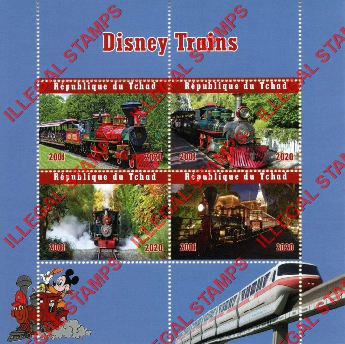 Chad 2020 Disney Trains Illegal Stamps in Souvenir Sheet of 4