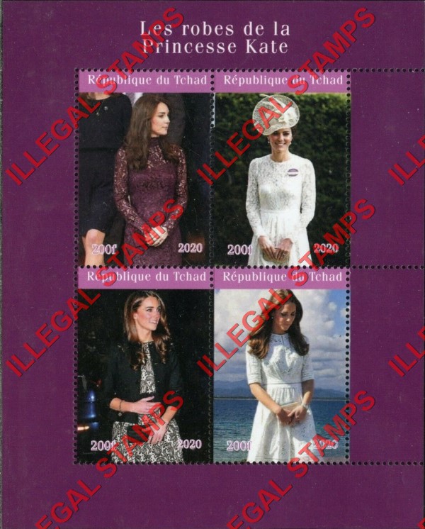 Chad 2020 Dresses of Princess Kate Illegal Stamps in Souvenir Sheet of 4