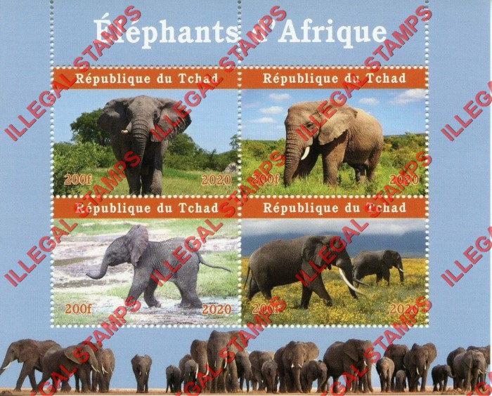 Chad 2020 Elephants Illegal Stamps in Souvenir Sheet of 4