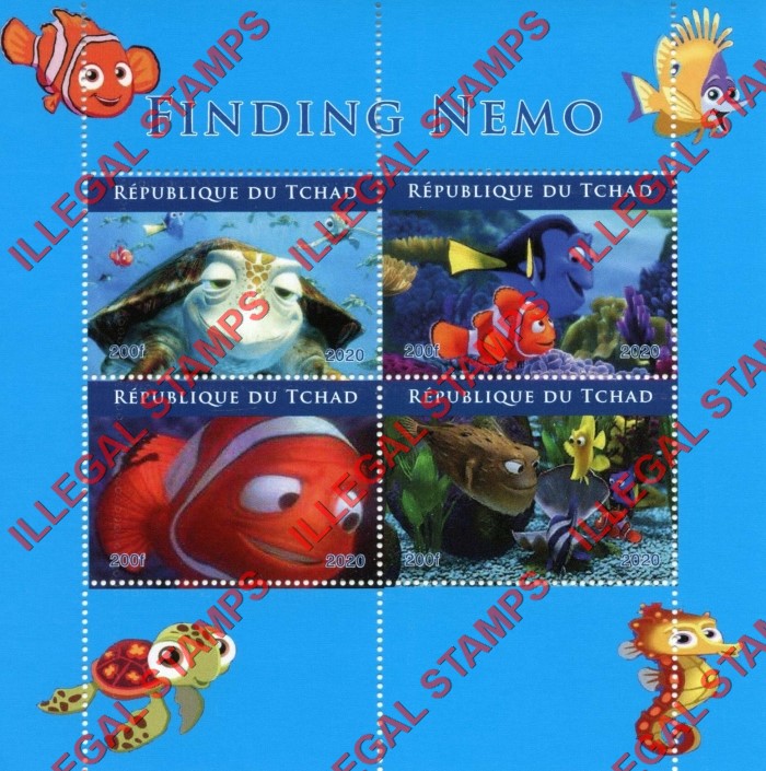 Chad 2020 Finding Nemo Cartoon Illegal Stamps in Souvenir Sheet of 4