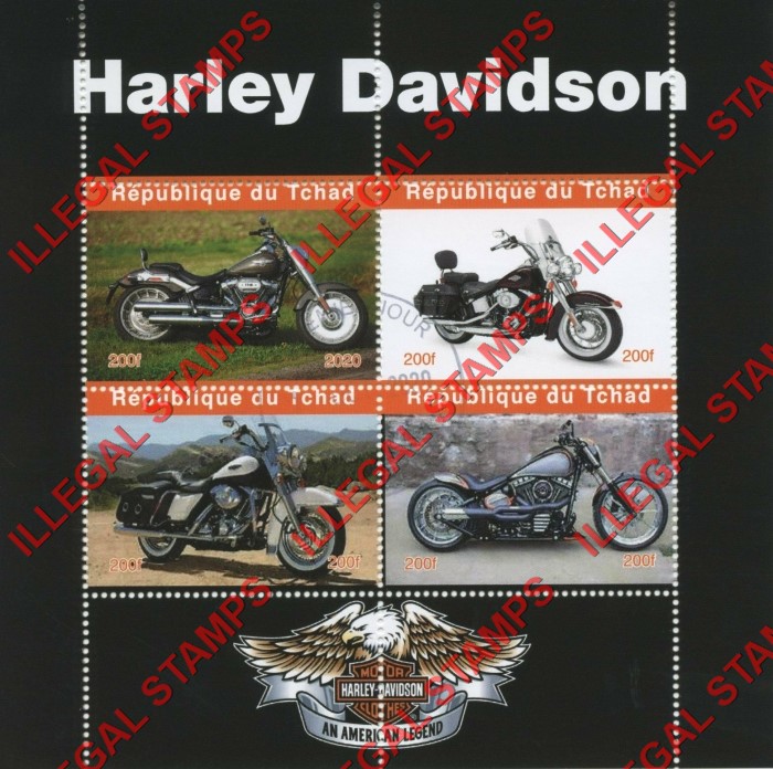 Chad 2020 Harley Davidson Motorcycles Illegal Stamps in Souvenir Sheet of 4