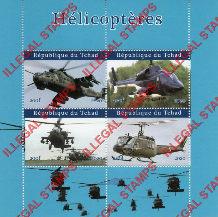 Chad 2020 Helicopters Illegal Stamps in Souvenir Sheet of 4