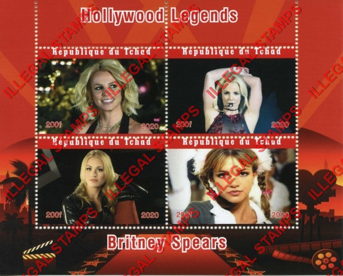 Chad 2020 Hollywood Legends Britney Spears Illegal Stamps in Souvenir Sheet of 4