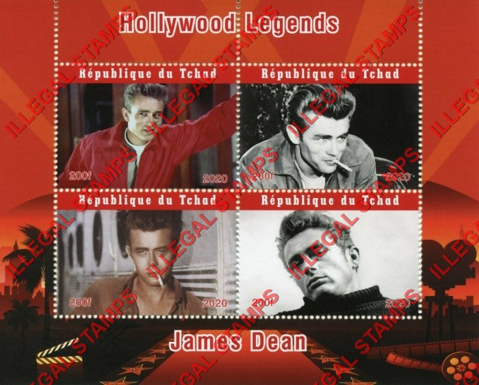 Chad 2020 Hollywood Legends James Dean Illegal Stamps in Souvenir Sheet of 4