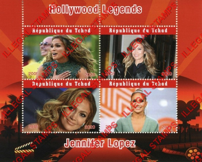 Chad 2020 Hollywood Legends Jennifer Lopez Illegal Stamps in Souvenir Sheet of 4