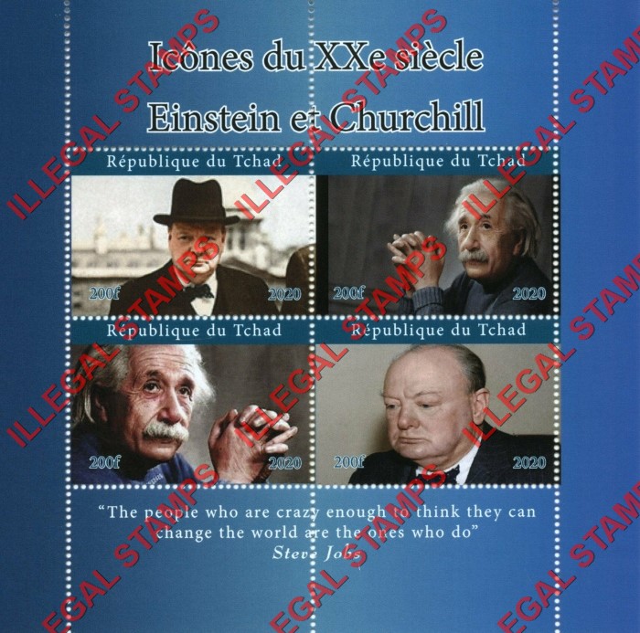 Chad 2020 Icons of the 20th Century Einstein and Churchill Illegal Stamps in Souvenir Sheet of 4