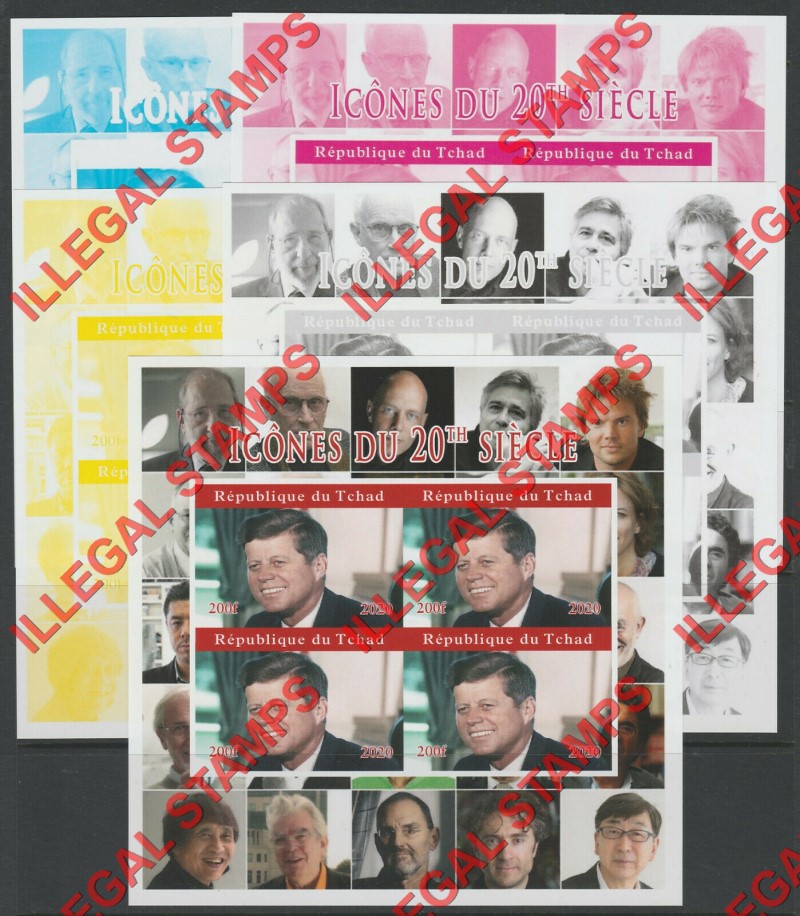 Chad 2020 Icons of the 20th Century John Kennedy Illegal Stamps in Souvenir Sheet of 4 Color Proof Set