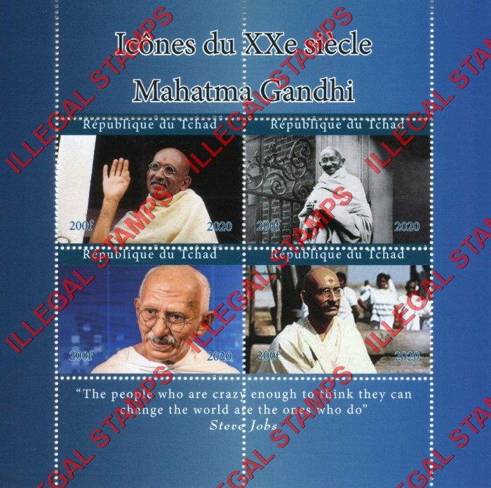 Chad 2020 Icons of the 20th Century Mahatma Gandhi Illegal Stamps in Souvenir Sheet of 4